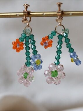 Floral Beaded Dangle Earrings – Pink, Green & Orange